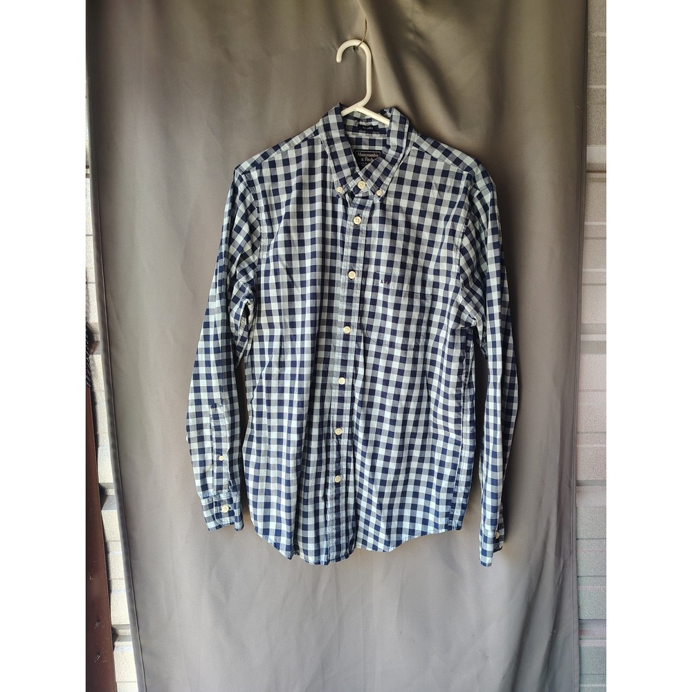 Abercrombie & Fitch Mens Relaxed Gingham Button Down Shirt Navy Blue White M